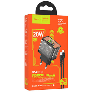 Incarcator Retea + Cablu USB-C Hoco N34, 20W, 1xUSB-C, 1xUSB-A, PD, QC 3.0, Clear - Negru