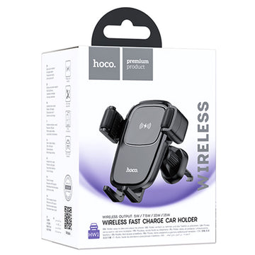 Suport Auto cu Incarcare Wireless Hoco HW1, cu Cleme Laterale, Ventilatie, AutoGravity - Negru