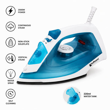 Fier de calcat cu abur Hoffmans HM-9061, 2000W, rezervor 220 ml, talpa antiaderenta, abur vertical, autocuratare, White/Blue