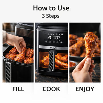Friteuza cu Aer Cald Lyxun LX2735 Capacitate 6.5L 2000W Airfryer Digital Touch fara Ulei, Negru