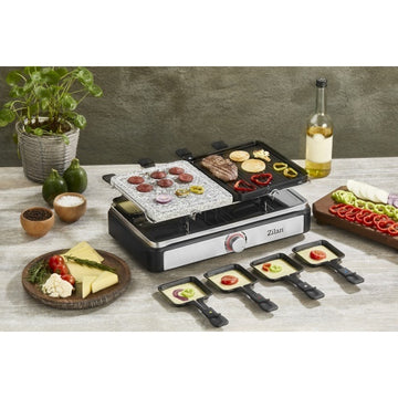 Gratar electric cu raclette ZILAN ZLN8863 – 1400W, Placa piatra + aluminiu, Termostat reglabil, Antiaderent, Gri