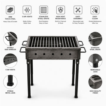 Gratar gradina profesional Pexor M 35 X 50 CM metal gros 3MM, pentru carbune si lemne, sita inox, picioare 50 cm, gri