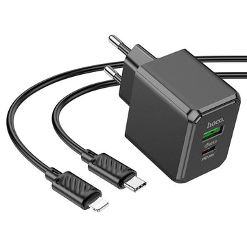 Incarcator Retea + Cablu Lightning Hoco CS14A, 20W, 1xUSB-C, 1xUSB-A, PD, QC 3.0 - Negru