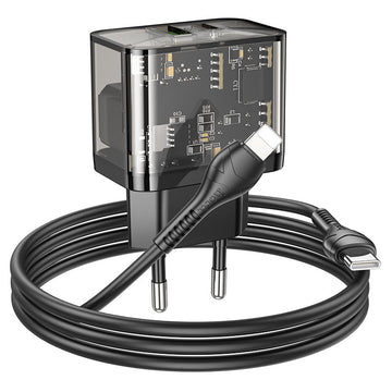 Incarcator Retea + Cablu Lightning Hoco N34, 20W, 1xUSB-C, 1xUSB-A, PD, QC 3.0, Clear - Negru