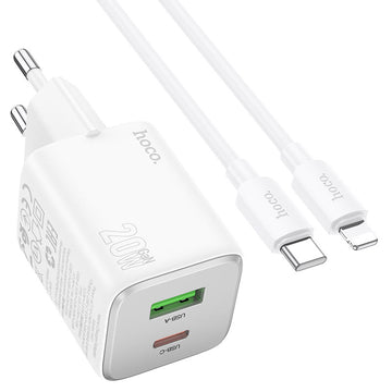 Incarcator Retea + Cablu Lightning Hoco N41, 20W, 1xUSB-C, 1xUSB-A, PD, QC 3.0 - Alb