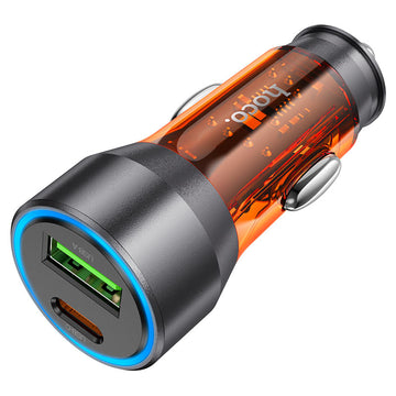 Incarcator Auto Hoco NZ12A, 25W, 1xUSB-C, 1xUSB-A, PD, QC 3.0, Clear - Portocaliu