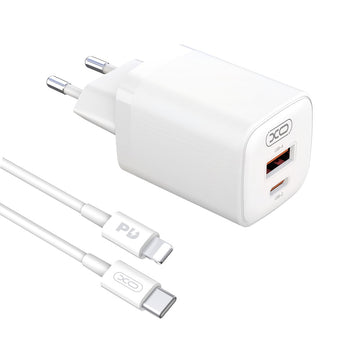 Incarcator Retea + Cablu Lightning XO L96, 30W, 1xUSB-C, 1xUSB-A, PD, QC 3.0 - Alb