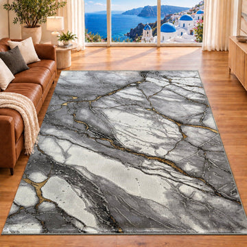 Covor Lirofe Imperial Carrara Gri Auriu - Efect Marmura Italiana Modern - Living, Sufragerie, Dormitor, Bucatarie, Hol - Fir Scurt 12 mm, Usor de Curatat