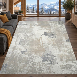 Covor Lirofe Stone Nordic Crem Argintiu - Efect Abstract Vintage Modern - Living, Sufragerie, Dormitor, Bucatarie, Hol - Fir Scurt 11 mm, Usor de Curatat