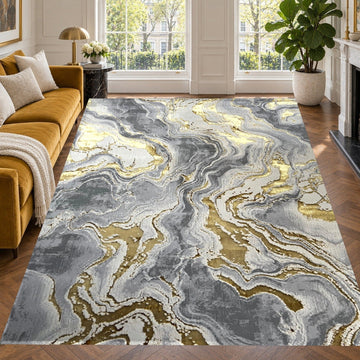 Covor Lirofe Aurum Galaxy Galben Gold - Efect Cosmic Stralucitor Modern - Living, Sufragerie, Dormitor, Bucatarie, Hol - Fir Scurt 10 mm, Usor de Curatat