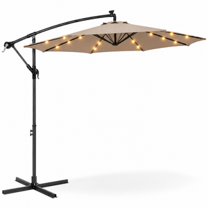 Umbrela de gradina LED cu panou solar Pexor, 305cm, 24 LED-uri, 8 spite, impermeabila, cu manivela si baza in cruce, bej