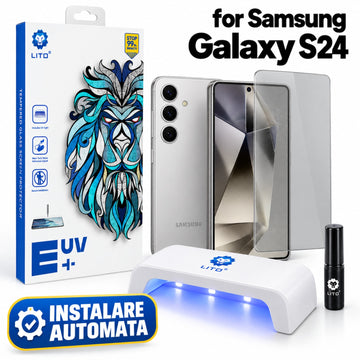 Folie Sticla UV Clear Lito pentru Samsung Galaxy S24, Instalare AUTOMATA cu UV Kit Box, Protectie Extinsa 9H, Ultra Clear Transparenta, 6.2 inch