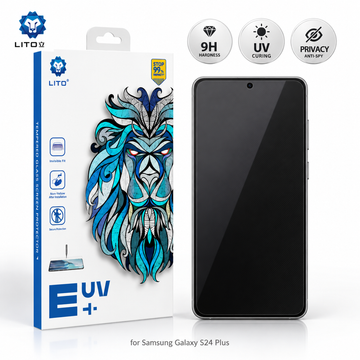 Folie Sticla UV Privacy Lito pentru Samsung Galaxy S24 Plus, Instalare AUTOMATA cu UV Kit Box, Protectie Extinsa 9H, Anti-Spy Fumurie, 6.7 inch