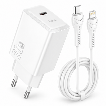 Incarcator Retea Hoco N68, PD20W, USB-C + Cablu Lightning, 1m, Fast Charging - Alb
