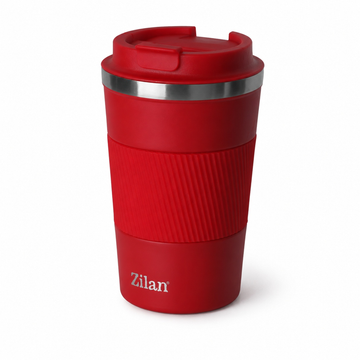 Cana Termos Zilan de 380 ml pentru Cafea - Tine Cafeaua Calda 4 Ore si Racoritoarea Rece 8 Ore, Incape in Suportul Masinii - Inox 304 cu Pereti Dubli, Manson Silicon, Rosu