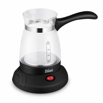 Ibric Electric Zilan ZLN4940 pentru Cafea Turceasca - Fierbe si Torni Direct din Vas, Fara Aragaz si Fara Sa Dea in Foc - 600 W, 500 ml, 6 Cesti, Vas de Sticla cu Gradatii, Baza Rotativa 360 Grade, Negru