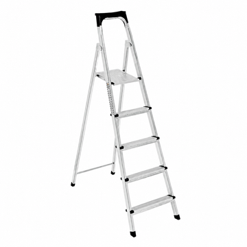 Scara Metalica Floria cu 4+1 Trepte si Platforma Superioara - Pliabila, Vopsita in Camp Electrostatic, Talpi Antiderapante din Cauciuc - Profil Patrat, Argintiu
