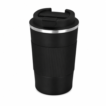 Cana Termos Zilan de 380 ml pentru Cafea - Tine Cafeaua Calda 4 Ore si Racoritoarea Rece 8 Ore, Incape in Suportul Masinii - Inox 304 cu Pereti Dubli, Manson Silicon, Negru
