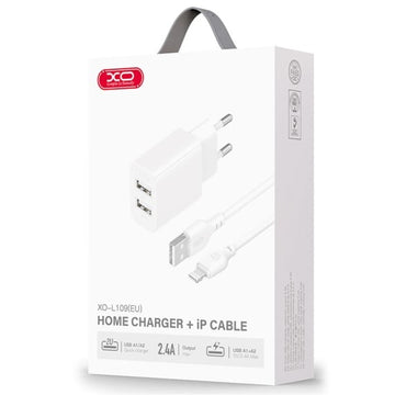 Incarcator Retea + Cablu Lightning XO L109, 2.4A, 2xUSB-A, QC 3.0 - Alb