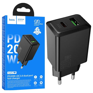 Incarcatoare Priza Hoco N69, 1xUSB-C, 1XUSB-A, PD20W, QC3.0 Fast Charger - Negru