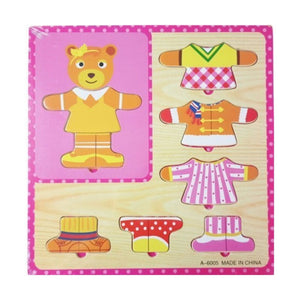 Jucarie bebelusi din lemn - puzzle iepure/urs + haine fetita, multicolor - MegaCreative 462774, 10+8piese, 18+ luni