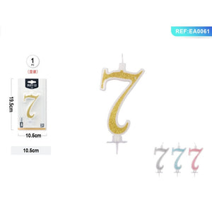 Lumanari aniversare pentru tort PartyGo cifra 7, 10.5cm, alba cu sclipici diverse culori, EA0061
