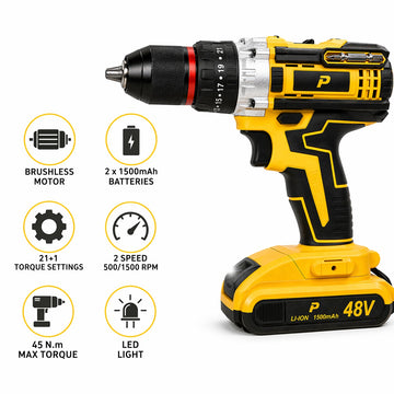 Masina de Gaurit si Insurubat cu Percutie, Motor Fara Perii, 2 Acumulatori 48V 1500 mAh Li-Ion Inclusi, 23+1 Trepte Torsiune, 45 Nm, 2 Trepte
