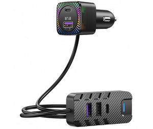 Modulator FM XO BCC13, cu Cablu Extensibil 1.5m, 2xUSB-C, 3xUSB-A - Negru