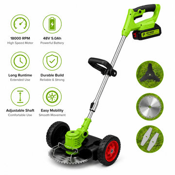 Motocoasa electrica cu roti 2 acumulatori 48V, fara fir, 18000 RPM, Autonomie Mare, 3 Tipuri de Lame de Taiere, Brat ajustabil, Pexor verde