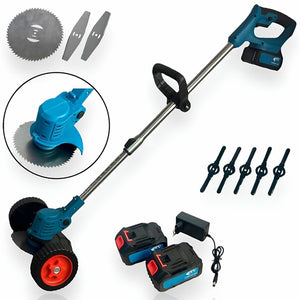 Motocoasa electrica, Pexor PJA 48V, cu acumulator, 2 baterii, brat ajustabil, 2 lame + 1 disc, 18000RPM, albastru