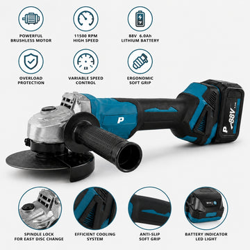 Polizor unghiular fara fir, 2 acumulatori 88V 6.0A, Flex profesional 11500rpm, 125mm, tip PJA, trusa transport, Pexor negru-turcoaz