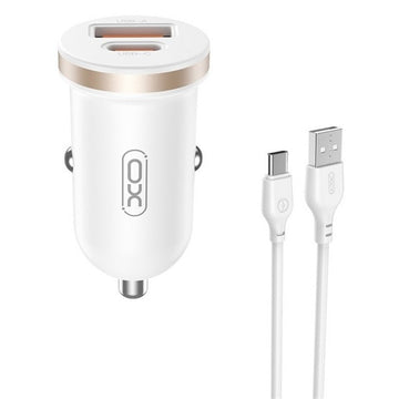 Incarcator Auto + Cablu USB-C XO CC56, 30W, 1xUSB-C, 1xUSB-A, PD, QC 3.0, Compact - Alb