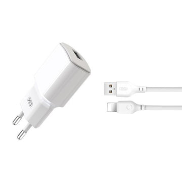 Incarcator Retea + Cablu Lightning XO L73, 2.4A, 1xUSB-A, QC 3.0 - Alb