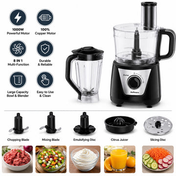 Robot de bucatarie 8 in 1 Hoffmans HM-1278, 1000W, Blender si Food Processor, Negru