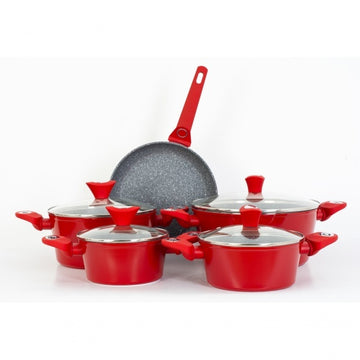 Set oale gatit ZILAN 9 piese, aluminiu interior granit baza 3 straturi, capace sticla, ZLN-3260, rosu