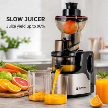 Storcator cu presare la rece Hoffmans HM-636, Slow Juicer, 200W, tub alimentare 130 mm, motor 100% cupru, extractie suc pana la 96%, negru/inox