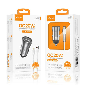 Incarcator Auto + Cablu USB-C X-Start CC086C, 20W, QC 3.0, 1xUSB-A, 5V, 3A, SuperFast, 1m - Gray+ alb