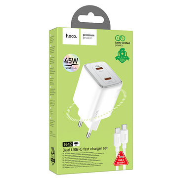 Incarcator Retea + Cablu USB-C Hoco N42, 45W, 2xUSB-A - Alb
