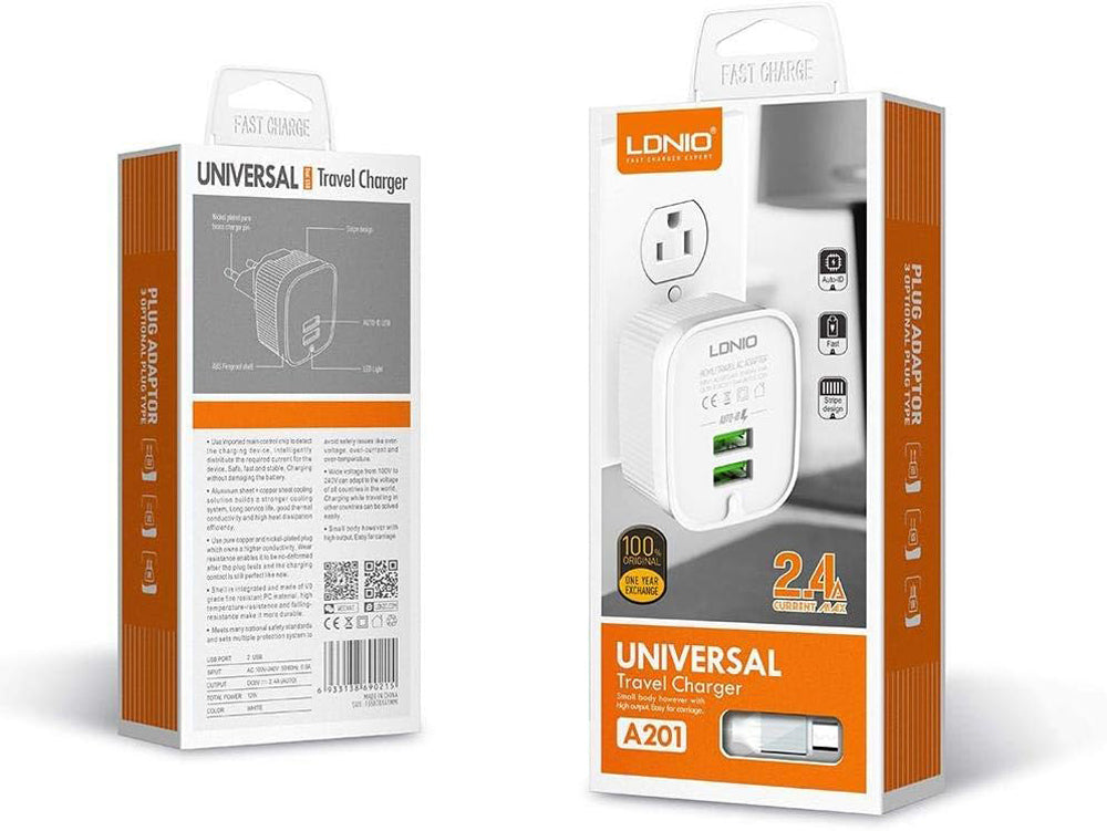 Incarcator Retea + Cablu MicroUSB Ldnio A201-M, 1m, 2xUSB-A, 2.4A - Alb