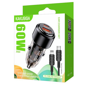 Incarcator Auto + Cablu Lightning Kaku KSC-1176, 60W, 1xUSB-C, 1xUSB-A, QC 3.0 - Negru