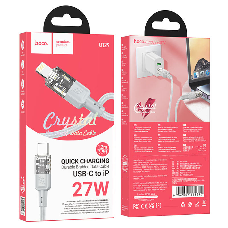 Hoco (U129) - Cablu Date si Incarcare, USB-C la Lightning, PD27W, QC3.0, Crystal, 1.2m, Grey