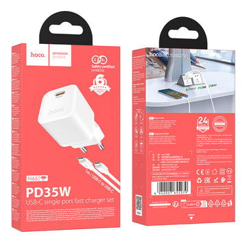 Incarcator Retea Hoco N66, 35W, 1x USB-C, PD/QC, FastCharge + Cablu USB-C, 1m - Alb