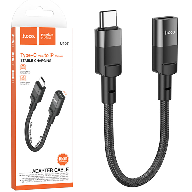 Hoco (U107) - Cablu Date si Incarcare, USB-C la Lightning (F), Braided, 10cm, Black