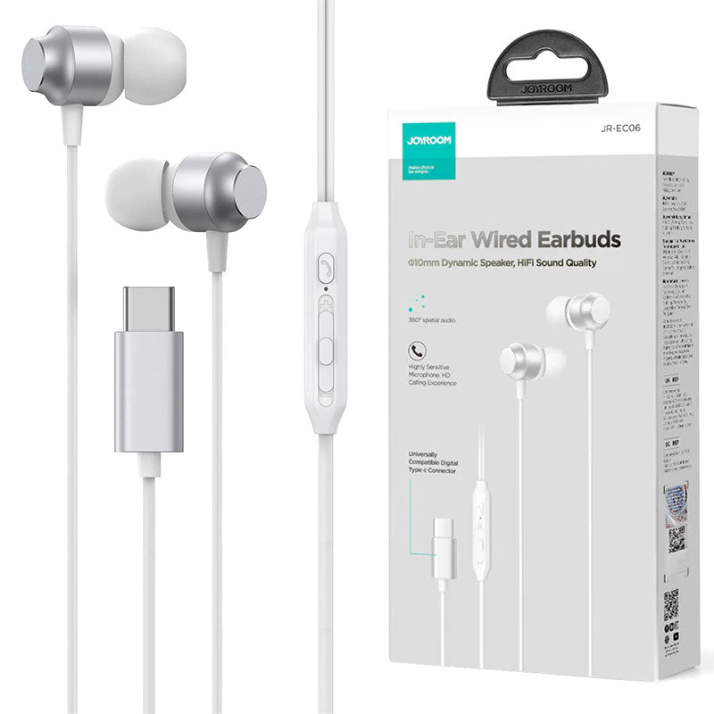 Joyroom (JR-EC06) - Casti cu Fir, In Ear, USB-C, 1.2m, Mic & Volume Key, HiFi, Silver