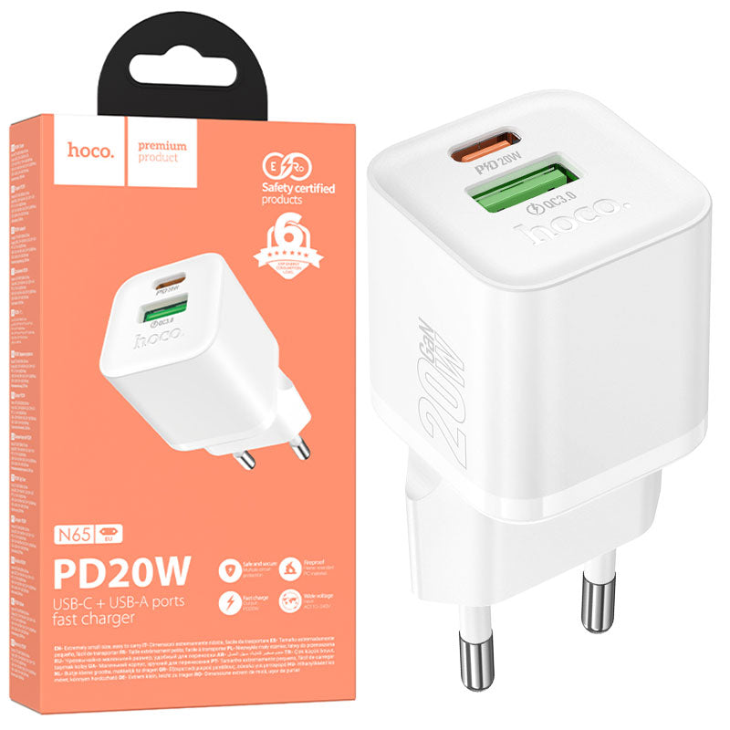 Hoco (N62) - Incarcator Retea + Cablu Lightning, 1m, PD30W, 1xUSB-C, 1xUSB-A, White