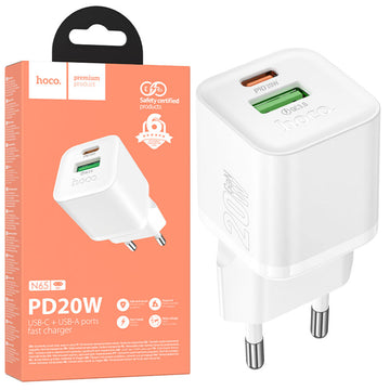 Incarcator Retea + Cablu Lightning Hoco N62, 1m, PD30W, 1xUSB-C, 1xUSB-A - Alb