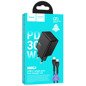 Incarcator Retea + Cablu USB-C Hoco N70, 1m, PD30W, 1xUSB-C, FastCharge - Negru