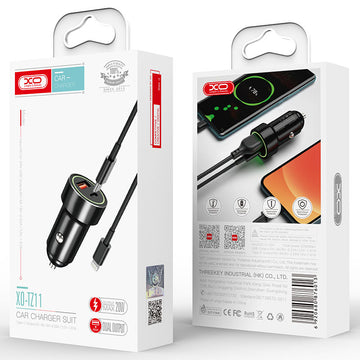 Incarcator Auto + Cablu Lightning XO TZ11, 18W, 1xUSB-C, 1xUSB-A, PD, QC 3.0 - Negru