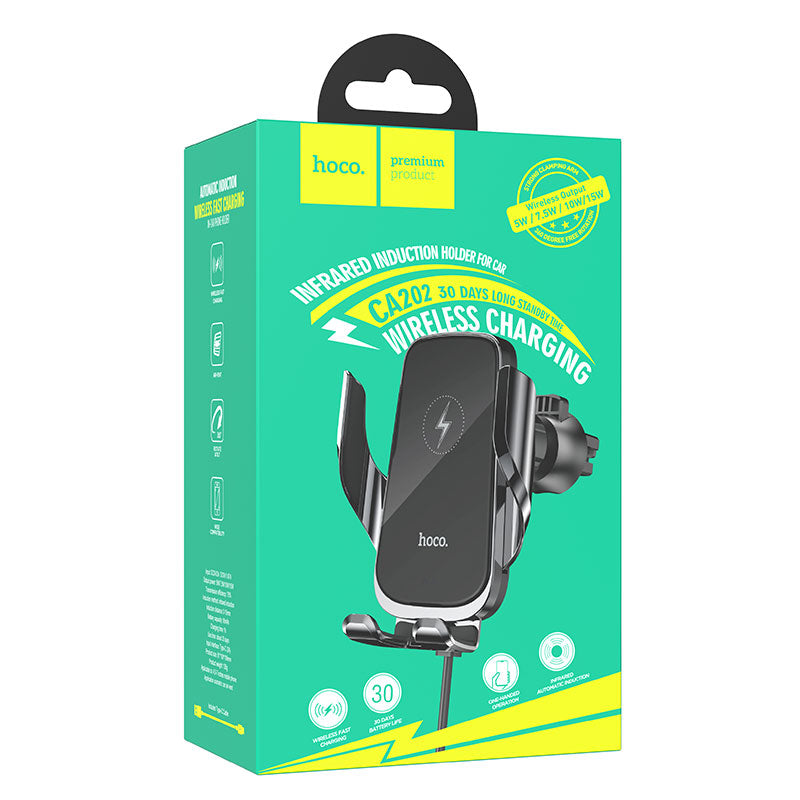 Hoco (CA202) - Suport Auto cu incarcare Wireless, Ventilatie, senzor InfraRed, AutoGravity, Black