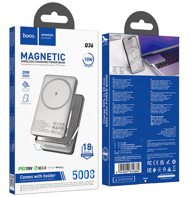 Hoco (Q36A) - Baterie Externa, 5000mAh, Magsafe, 20W, 1xUSB-C, 1xUSB, Fast, Metall/Grey